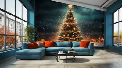 christmas tree with lights and presents. Wall mural