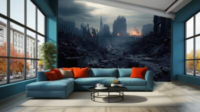 Post-apocalyptic cityscape with ruins and fires under a gloomy sky. Wall mural