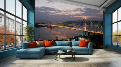 tsing ma bridge at night over river hong kong Wall mural