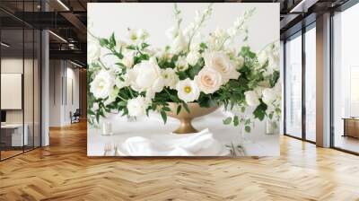 A beautifully decorated table with white flowers and candles Wall mural