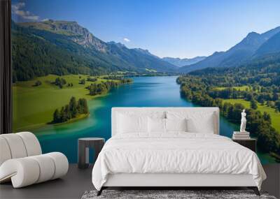 Beautiful colourful landscape of a blue lake in a green valley surrounded by mountains Wall mural