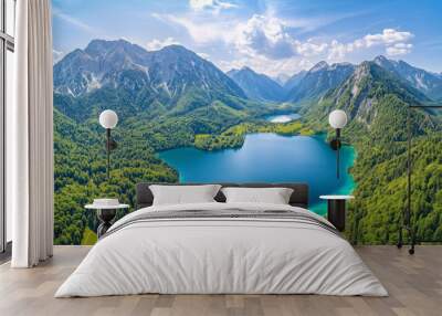 Beautiful colourful landscape of a blue lake in a green valley surrounded by mountains Wall mural