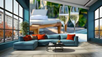 Glasses with sparkling wine on the table in the poolside lounge area Wall mural