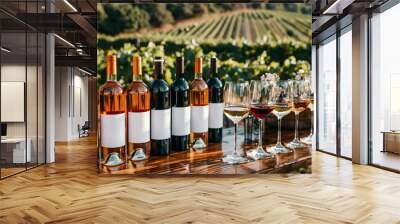 Pink, white and red wine bottled with blank mock-up labels for wine tasting with vineyards in the background Wall mural