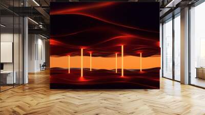 Neon beams between two wavy dune mirror surfaces. 3d rendering illustration. Wall mural