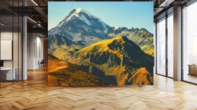 Panoramic view of Mount Kazbek in the Caucasus Mountains of Georgia is not far from the village of Stepantsminda Wall mural