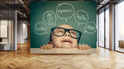 Beautiful cute little girl with eyeglasses looking at hello word in spanish, english, russian, chinese and american sign language in speech balloons. K-12 foreign language learning concept. Wall mural