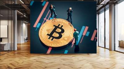 Business meeting about the investment decision for bitcoin concept: Macro miniature businessman figurines standing near the shiny golden bitcoin. Colorful stock market graphic chart on background.  Wall mural