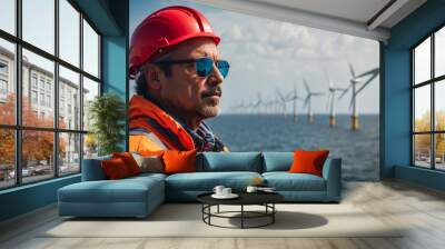 An engineer worker stands near the wind farm in the sea, renewable energy concept Wall mural