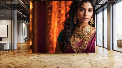 Beautiful Indian woman in traditional saree and jewelry Wall mural