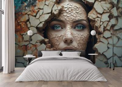 Beauty trapped in stone, cracked skin, AI generated Wall mural