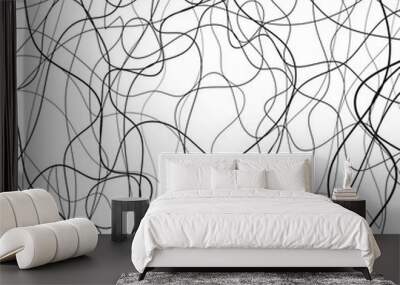 Black wavy interwined thin lines pattern on white background. Stylish abstract design for print, textile Wall mural