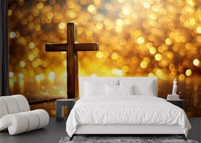 christian cross on beautiful gold bokeh background Wall mural