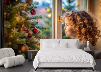 Curly little girl close up looking out a window at a Christmas tree Wall mural