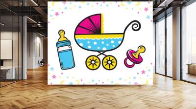 Cute colorfull background with baby pram, milk bottle and nipple. Baby girl or boy card designing elements Wall mural