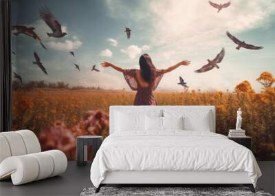 Girl standing sideways with arms outstretched, freedom concept, AI generated Wall mural