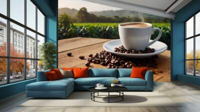 Hot Coffee cup with Coffee beans on the wooden table on the plantations background Wall mural