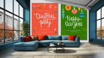 Christmas gift card and invitation set with lettering. Hand drawn design  elements. Perfect for winter holidays and New Year greetings. Wall mural