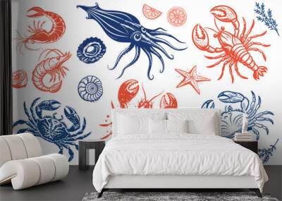 Seafood animals set with lobster, crab, squid and shrimps  in sketch outline style on white background, vector illustration Wall mural