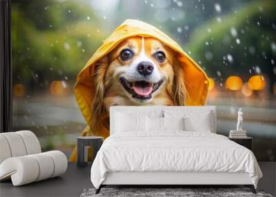 Smiling cute dog with yellow rain coat on rainy autumn background Wall mural