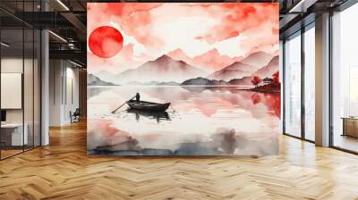 Traditional Japanese ink wash landscape painting with fisherman in the boat on sunset  Wall mural