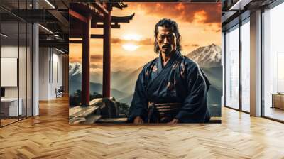 Warrior Chinese man in high mountains at sunset. AI generated Wall mural