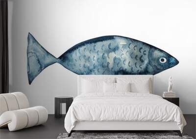 Watercolor hand drawn blue fish isolated on white background Wall mural