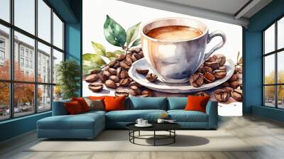 Watercolor hand drawn illustration of Cup of morning coffee Wall mural