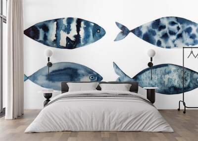 Watercolor set of the hand drawn blue fishes isolated on white background Wall mural