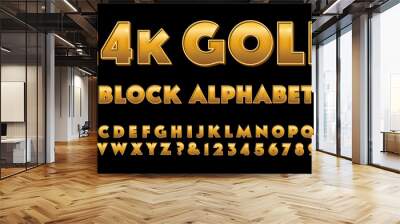 A 24 karat gold effect block alphabet with 3d effects and wavy line detailing. A bold heavy font style that exudes wealth and luxury. Wall mural