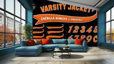 A collection of varsity jacket style numbers and swoosh shapes with chenille fabric effect, in orange and black team colors Wall mural