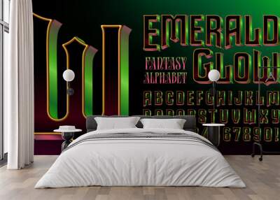 A fantasy style font with metallic reflections in emerald green and magenta. Wall mural