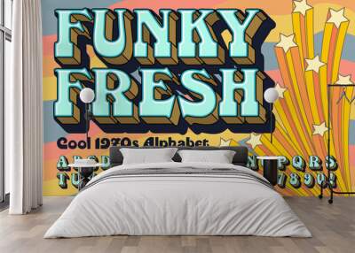 A Funky and Fresh Alphabet Font Design in the Style of Groovy 1970s Lettering; Background Contains Shooting Stars in a Cartoon Style. Wall mural