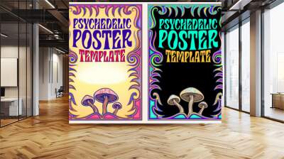 A pair of matching poster templates in different color schemes. These brightly colored psychedelic poster designs have an illustration of three mushrooms at the bottom. Wall mural