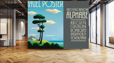 An Art Deco style poster of a oceanside scene with stylized coastal cypress trees, clouds, and a stylistically matching alphabet. Wall mural