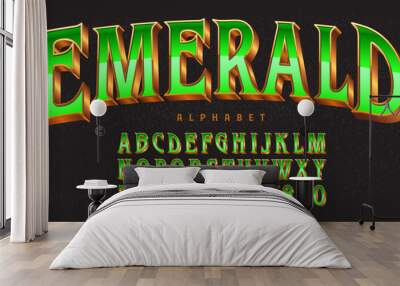 An elegant 3d lettering alphabet with the effect of emerald jewel in a gold metallic setting Wall mural