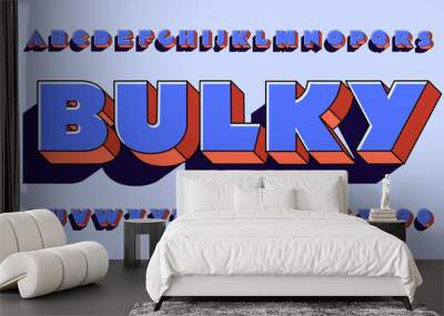 An Ultra Fat and Bulky Alphabet. This Font is Extra Bold and Has 3d Depth Effects and a Dark Cast Shadow. Stylish Hipster Letters with Harmonized Colors in Violets and Pastel Orange Hues and Shades. Wall mural