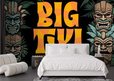 Big Tiki is a stylized alphabet with ligatures; includes four tiki head illustrations and palm leaves Wall mural