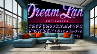 Dream Land is a lyrical script in violet and purple tones. This font has metallic shiny gradient effects and highlights. Good for magic, wizardry, sorcery and fantasy themes, or fashion branding. Wall mural