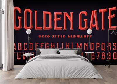 Golden Gate is a 3d effect deco style alphabet reminiscent of the red painted metal structure of the Golden Gate Bridge at San Francisco Bay. Wall mural