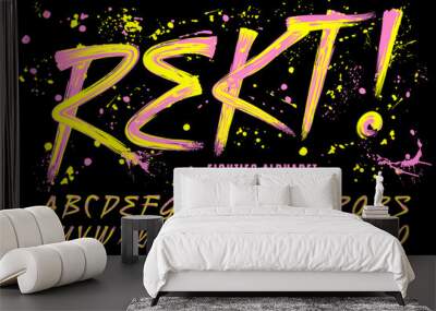 Rekt! is an 80s Grunge Paint Brush Alphabet with Bright Day-Glow Colors; This Font Includes a Layer of Paint Drips for a Retro Urban Effect. The Word 