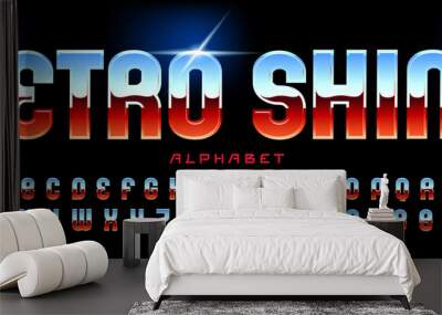 Retro Shine alphabet is a chrome effect font of bold letters with beveled reflected edges, reflecting a red and blue landscape. Good for retro 80s vaporwave graphics. Wall mural