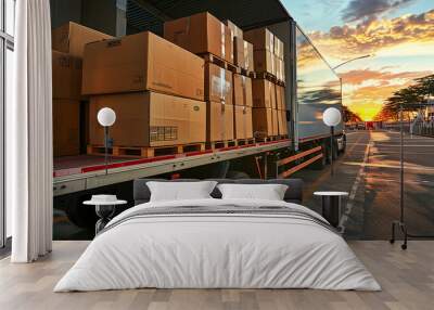 logistics in action: loading cargo onto a truck at sunset Wall mural