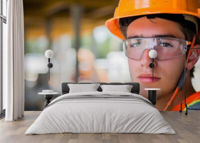 Portrait of a young male construction worker wearing safety helmet and safety glasses Wall mural