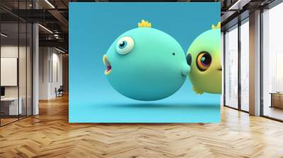 Two Pufferfish portrait on a blue background, Generative AI illustration Wall mural