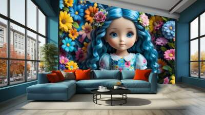 Cute little 3D doll in children's cartoon style, animated fantasy. Artistic background. Art illustration. Book illustration. Cartoon stylized illustrated art. Wall mural