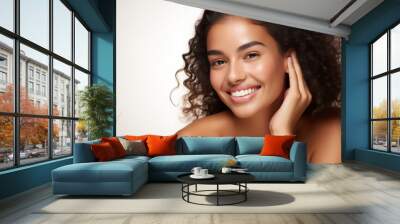 Beautiful Woman with Perfect Skin Touching Her Skin After A Treatment. Dermatology, Spa, Skin Care Concept Wall mural