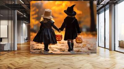 Children Trick Or Treating with Jack-O-Lantern Candy Buckets on Halloween Wall mural