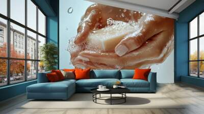 Close up of a woman's hands washing with soap, bathing  with water splashing around. Skincare and cosmetic concept Wall mural