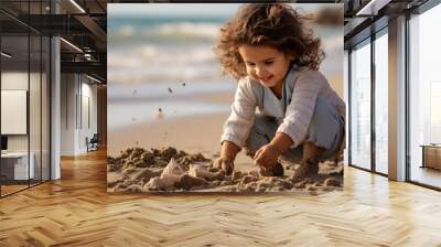 Small Child At The Beach Playing with Sand Wall mural